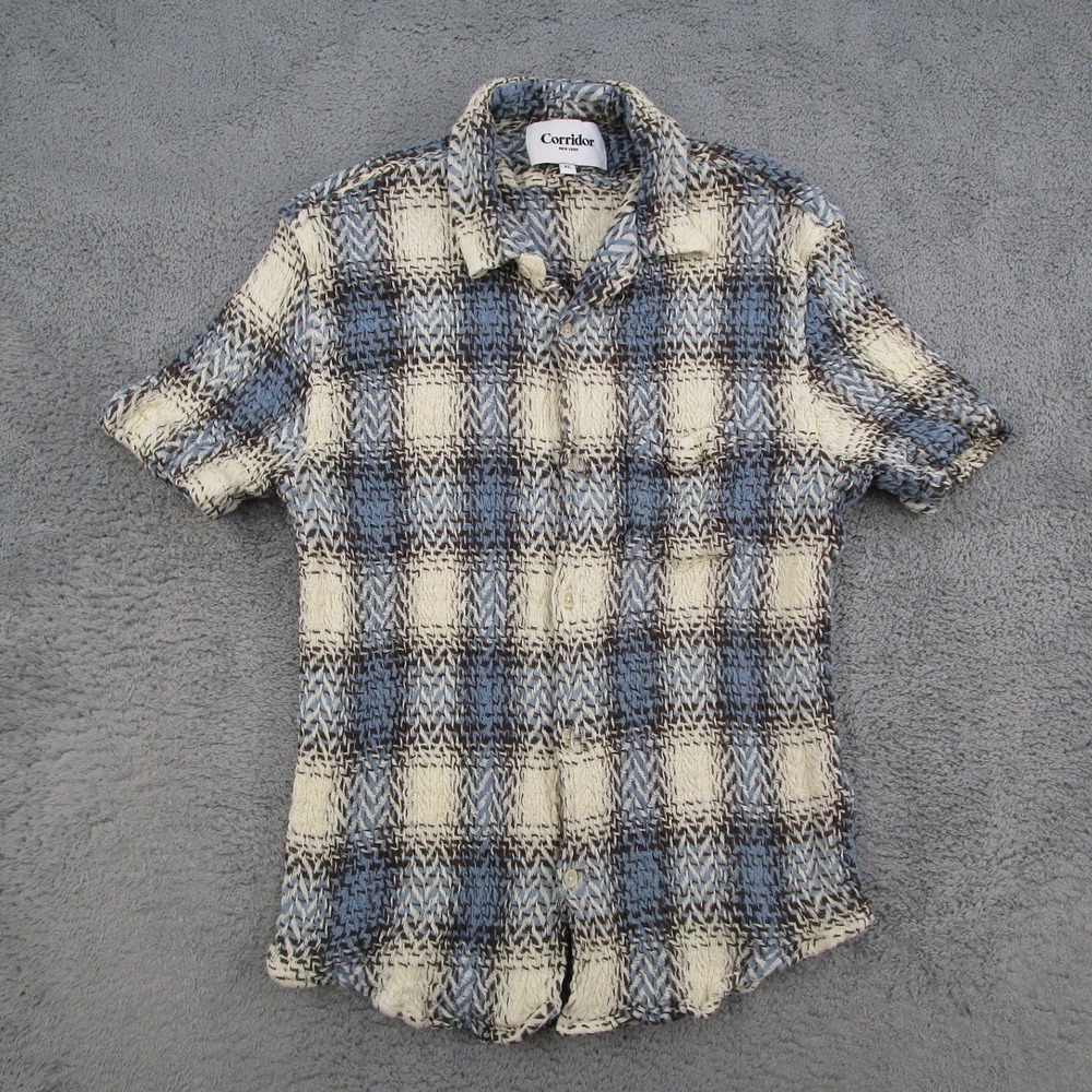 Corridor New York Mens XL Blue Plaid Textured Linen Short Sleeve Shirt